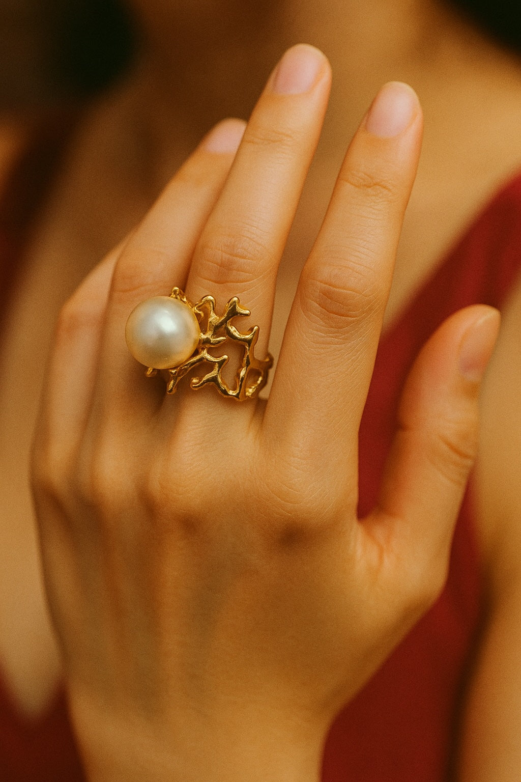 Bague Corail Luxueux En Perle Naturelle