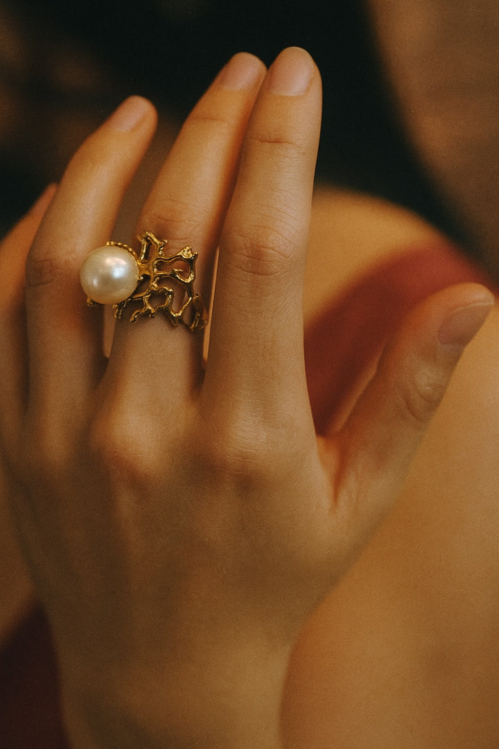 Bague Corail Luxueux En Perle Naturelle